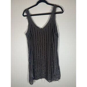 NEW Vintage Y2K Millau gray fringe sequin flowy tank mini dress M mobwife glam